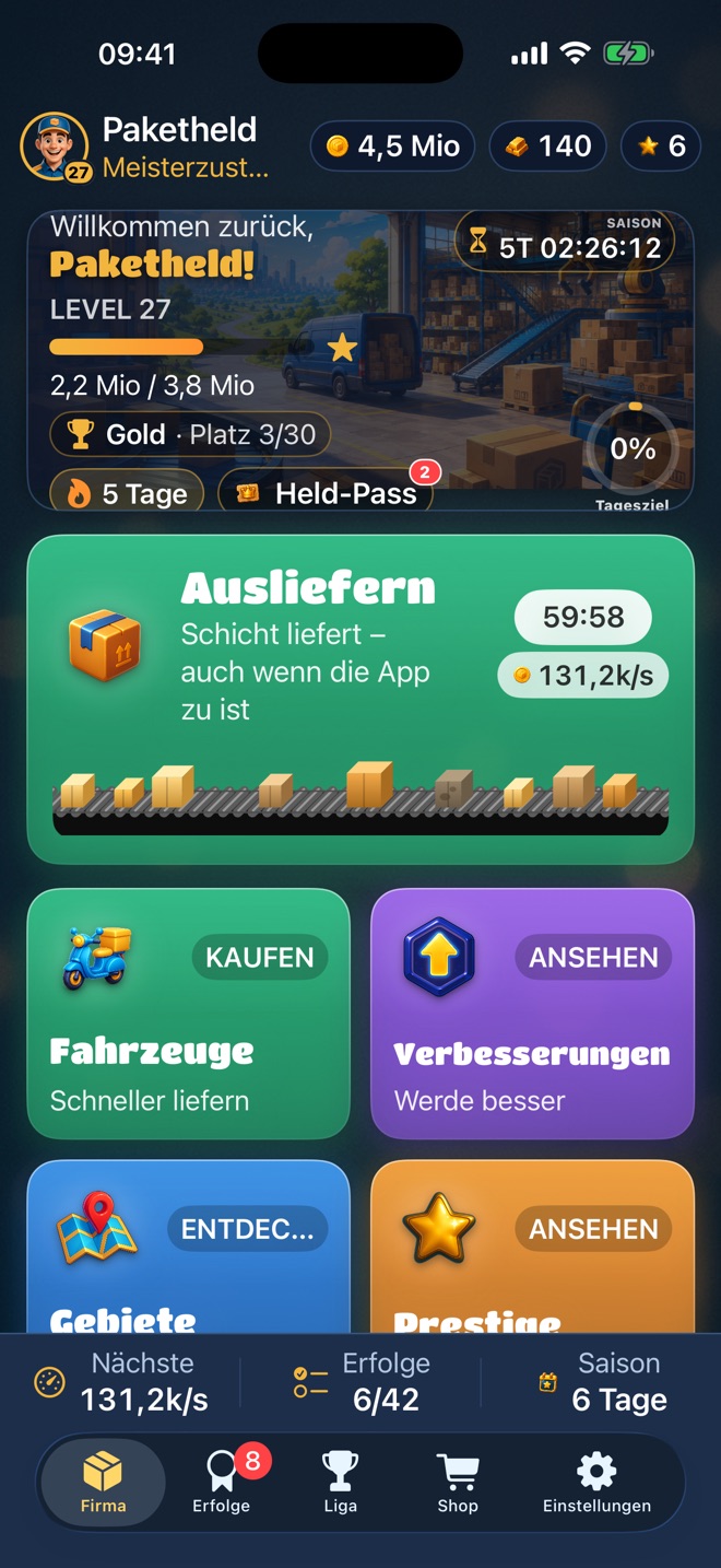 Package Hero: the delivery screen with a shift in progress